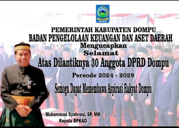 Kepala BPKAD Kabupaten Dompu Muhammad Syahroni SP, MM, Mengucapkan Selamat Atas Dilantik dan Diambil Sumpah Jabatan 30 Orang Anggota DPRD Dompu Periode 2024-2029.
