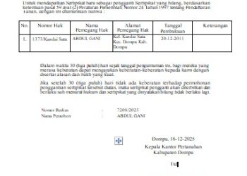 PENGUMUMAN TENTANG SERTIFIKAT YANG HILANG